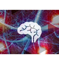 symbol/icon of a brain overlaying an abstract image of neurons
